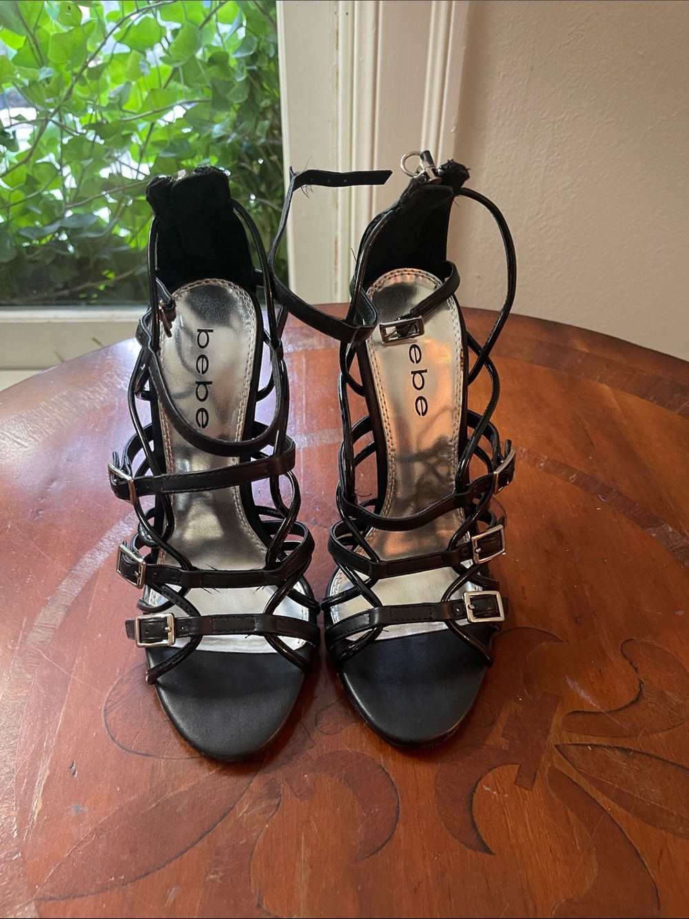 bebe Black Multi-Strap Buckle High Heel Sandals